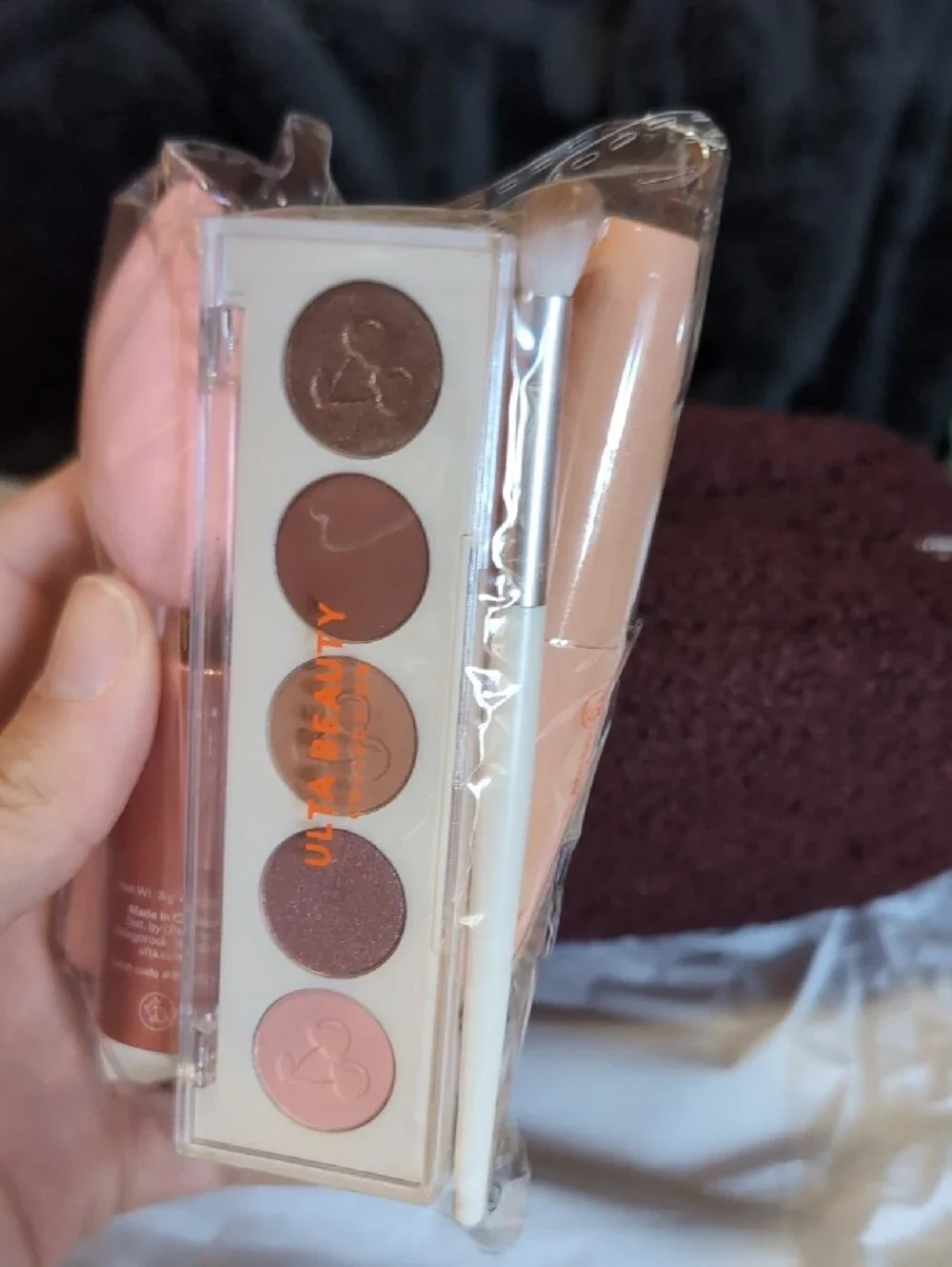 Ulta Beauty Plum Cosmetic Bag with Neutral Eyeshadow Palette & Pink Sponge